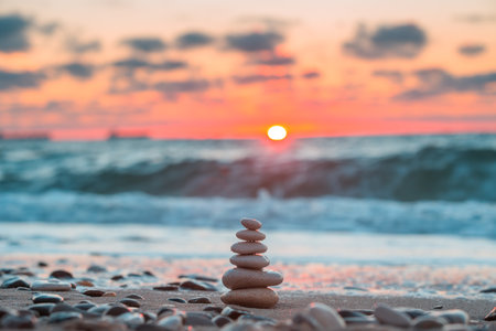 Stones balance on beach, sunrise shotの写真素材