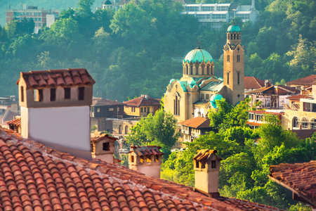 Panorama of Tsarevets Fortress in Veliko Tarnovo, church and  the old town, Bulgariaのeditorial素材
