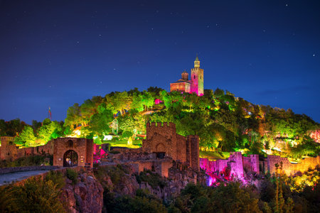 Tsarevets Fortress in Veliko Tarnovo in a beautiful summer night, Bulgariaのeditorial素材