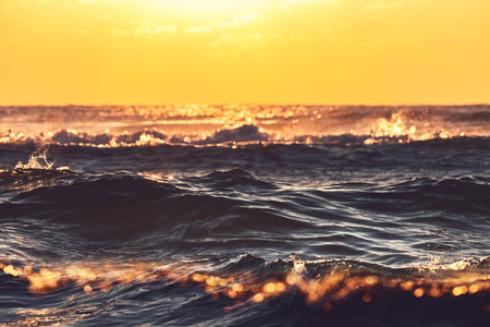 Golden splashing waves and sunrise seaの写真素材