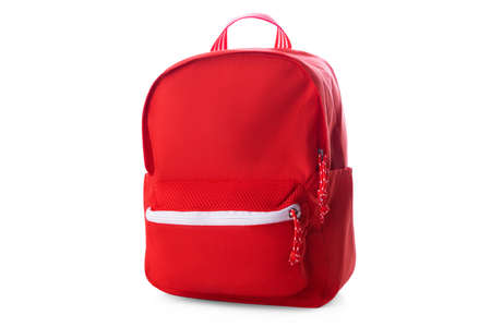 Red school backpack isolated on whiteの写真素材