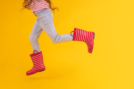 Girl with red rubber boots for rain over yellow backgroundの写真素材