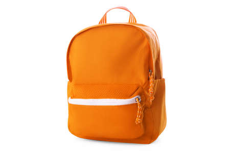 Orange school backpack isolated on whiteの写真素材