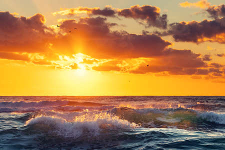 Golden splashing waves and sunrise seaの写真素材