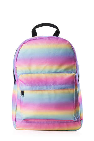 Rainbow school backpack isolated on whiteの写真素材