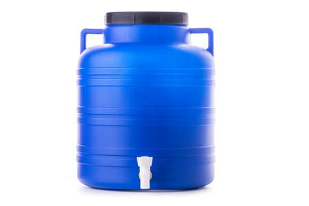 Blue water tanks or water barrels isolated on white backgroundの写真素材