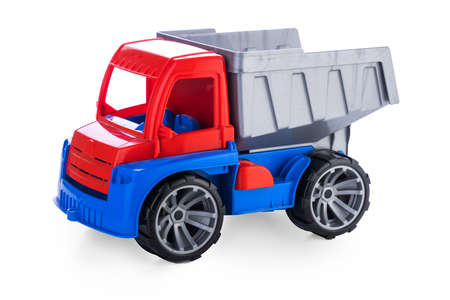 Colorful toy truck or construction lorry isolated on white backgroundの写真素材