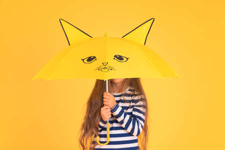 Happy emotional girl laughing with umbrella on colored yellow background. Autumn, spring season.の写真素材
