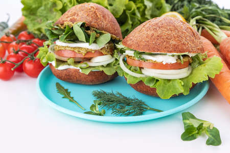 Healthy Vegan Burger. Hamburgers on a white backgroundの写真素材