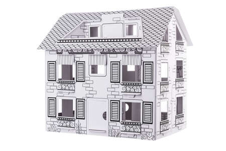 Cardboard Box house, paper Dollhouse DIY craft isolated on white backgroundの写真素材