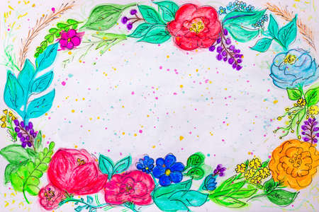 Handpainted watercolor frame with blooming flowers, paintsの写真素材