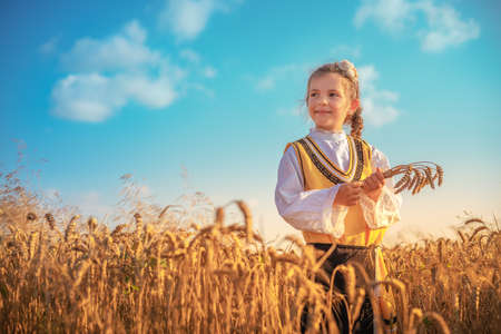 Young girl with traditional Bulgarian folklore costume at the agricultural wheat field during harvest time with industrial combine machineの写真素材