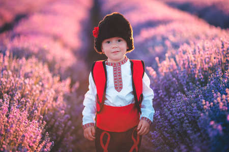Baby boy in traditional Bulgarian folklore costume in lavender field. Working peasant during lavender harvest.の写真素材