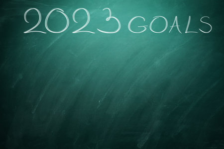 2023 Goals on black board. Chalkboard.の写真素材