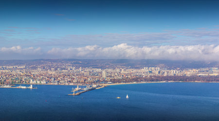 Panoramic cityscape view of Varna city, Bulgaria. Aerial panorama of Black sea, seashore area and the town.の写真素材