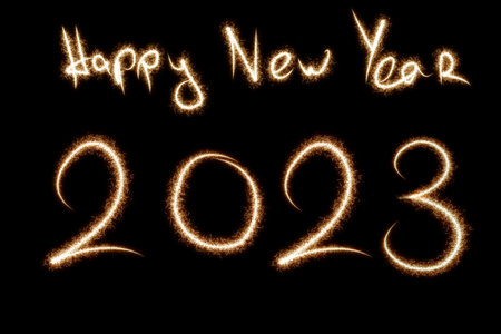 2024 written with Sparkle firework on black background, happy new year 2024 concept.の写真素材