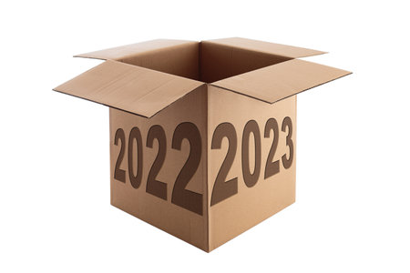Happy New Year 2023 concept, lettering on the Open Cardboard box isolated on a white backgroundの写真素材