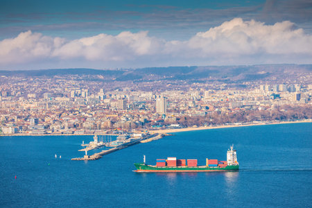 Panoramic cityscape view of Varna city, Bulgaria. Aerial panorama of Black sea, seashore area and the town.のeditorial素材