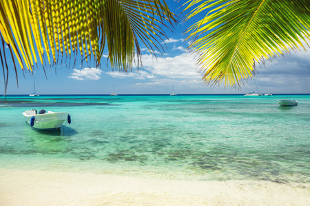 Beautiful carribean sea and boat on the shore, panoramic view from the beachの写真素材