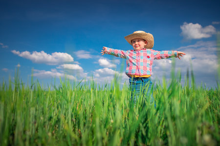 Little farmer boy with straw hat in a green wheat field. Agriculture and farming concept.の写真素材