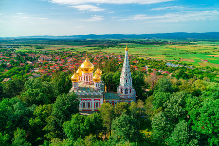 Shipka Memorial Russian Church, town of Shipka, Bulgaria, aerial drone viewの写真素材