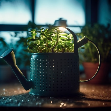 Can watering fresh green plants  in a greenhouse in vegetable garden. AI generative image of gardening, agriculture and planting sproutsの写真素材