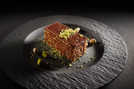 Chocolate cake with walnuts and pistachio isolated on black background. Pastry from homemade bakeryの写真素材