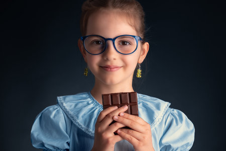 Chocolate and pretty hungry little woman portrait. Beautiful clever girl with glasses ready to eat chocolate bar.の写真素材
