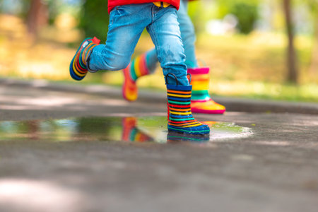Feet of child in colorful  rubber rain boots jumping over rainy puddle in a parkの写真素材