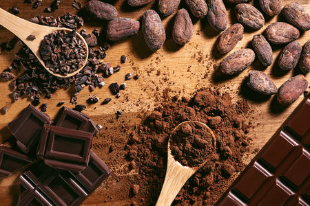 Chocolate bar, cocoa powder, cacao beans and nibs, heap in wooden spoons, chocolate backgroundの写真素材