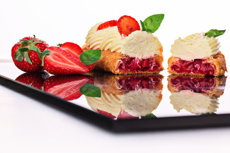 French eclair grazed with chocolate and fruity strawberry cream or sweet Italian profiteroles and fresh juicy strawberries, food on white backgroundの写真素材
