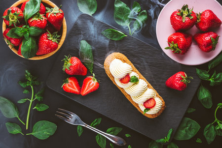French eclair grazed with chocolate and fruity strawberry cream or sweet Italian profiteroles and fresh juicy strawberries, food fresh summer backgroundの写真素材