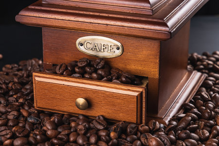 Vintage coffee grinder blender with cafe beans and aroma smoke isolated on black backgroundの写真素材
