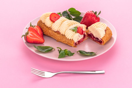 French eclair grazed with chocolate and fruity strawberry cream or sweet Italian profiteroles and fresh juicy strawberries, food on pink backgroundの写真素材