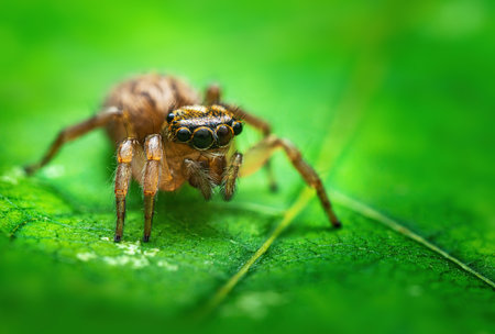 Macro close up of jumping spider on a green leafの写真素材