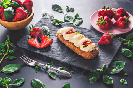 French eclair grazed with chocolate and fruity strawberry cream or sweet Italian profiteroles and fresh juicy strawberries, food fresh summer backgroundの写真素材