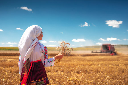 Young girl with traditional Bulgarian folklore costume at the agricultural wheat field during harvest time with industrial combine machineの写真素材