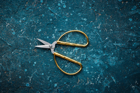 Old vintage rusty scissors isolated over vintage blue backdrop texture dark backgroundの写真素材