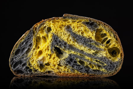 Homemade Slice of sourdough freshly baked bread on black background, activated carbon, pumpkin and curcuma spiceの写真素材
