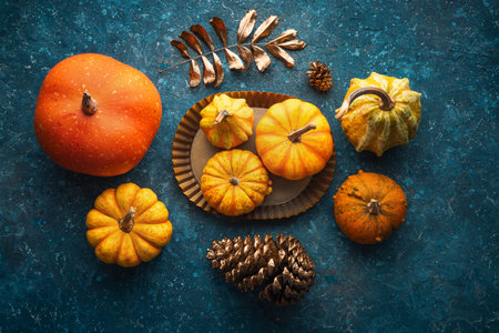 Autumn Pumpkin on blue vintage backdrop. Thanksgiving Backgroundの写真素材