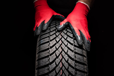 Car tire service and hands of mechanic holding new tyre on black background with copy space for textの写真素材