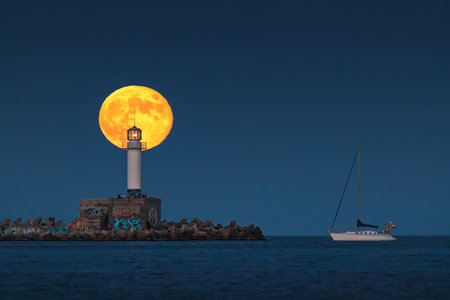Full moon twilight landscape over sea horizon, sailing yacht boat and lighting lighthouse beacon from the bay of Varna port, Bulgariaの写真素材