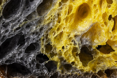 Texture of homemade slice of sourdough freshly baked bread, activated carbon, pumpkin and curcuma...