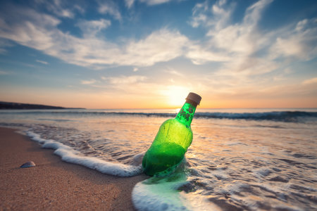 Sea sunrise and beer bottle on the beach sand and splashing waves on the shorÐµ.の写真素材