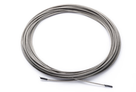 Metal rope technology steel cable isolated on white background.の写真素材