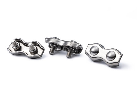 Metal rope clips for yacht rope or carabiners for climbing ropes.の写真素材