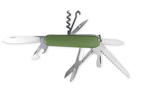 Multifunction army pocket folding knife isolated on white backgroundの写真素材