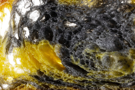 Texture of homemade slice of sourdough freshly baked bread on white background, activated carbon, pumpkin and curcuma spiceの写真素材
