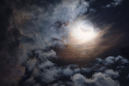 Full moon twilight with craters on the surface and dark sky, close up nature backgroundの写真素材
