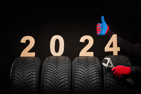 Winter car tires service and thumbs up hands of mechanic and text 2024 happy new year on black backgroundの写真素材